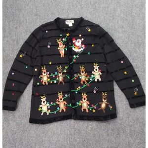 Jack B Quick Christmas Sweater Womens 1X Black Reindeer Santa Stringing Lights